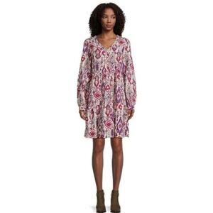 Beach Lunch Lounge Batik Print Cotton Blend Mini Tiered Babydoll Dress medium